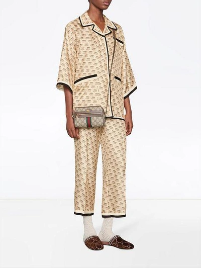 Shop Gucci Invite Stamp Silk Shirt In Neutrals