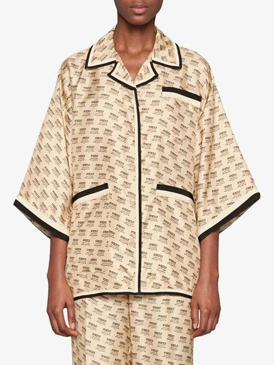 Gucci Invite Stamp Silk Shirt In Beige Multi | ModeSens
