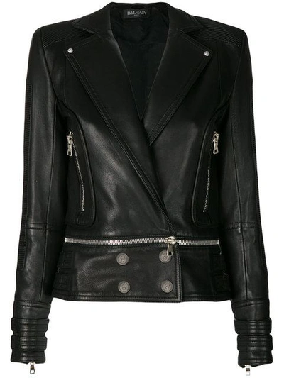Shop Balmain Button-embellished Leather Jacket - Black