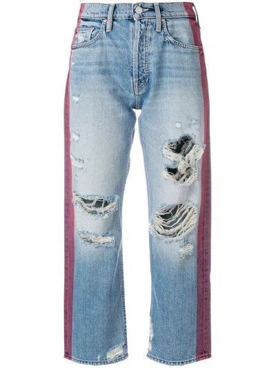 Shop Mother Contrast Stripe Distressed Jeans In Blue