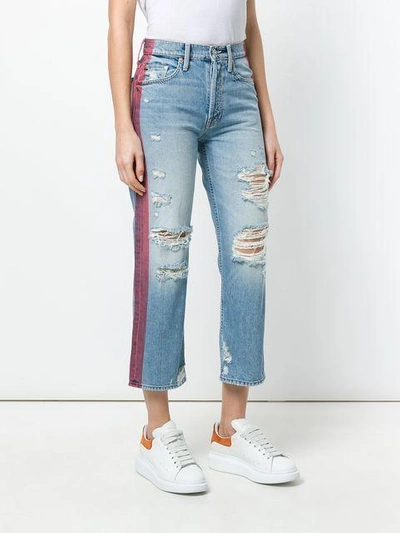 Shop Mother Contrast Stripe Distressed Jeans In Blue