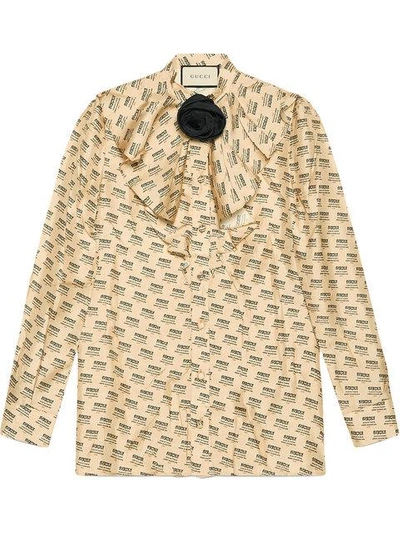 Shop Gucci Invite Stamp Silk Shirt - Neutrals