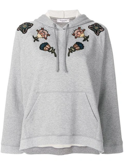 Shop Valentino Floral Embroidered Hoodie - Grey