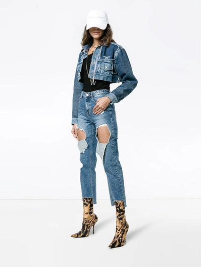 Shop Off-white Cropped Denim Jacket With Zip - Blue