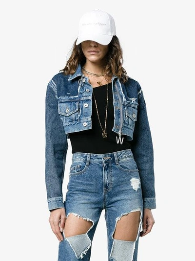 Shop Off-white Cropped Denim Jacket With Zip - Blue