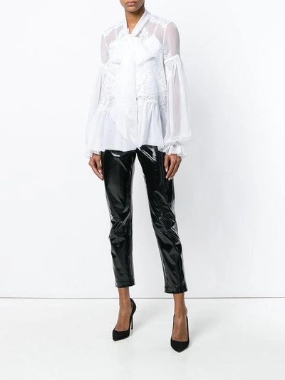 Givenchy Long-sleeve Flounce-hem Sheer Silk Georgette Blouse W/ Lace In White