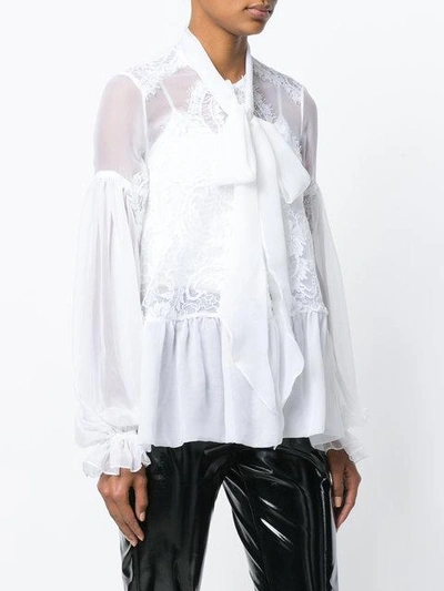 Givenchy Long-sleeve Flounce-hem Sheer Silk Georgette Blouse W/ Lace In White