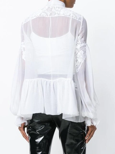 Givenchy Long-sleeve Flounce-hem Sheer Silk Georgette Blouse W/ Lace In White