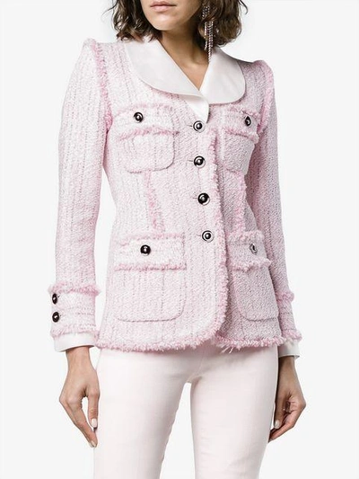Shop Alessandra Rich Single Breasted Tweed Cotton Blend Jacket In Pink