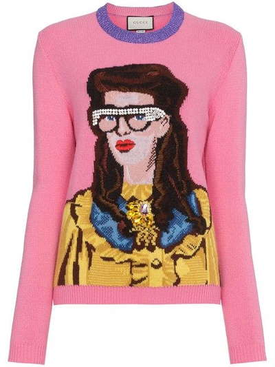Shop Gucci Crystal Embellished Woman Intarsia Wool Sweater In Pink