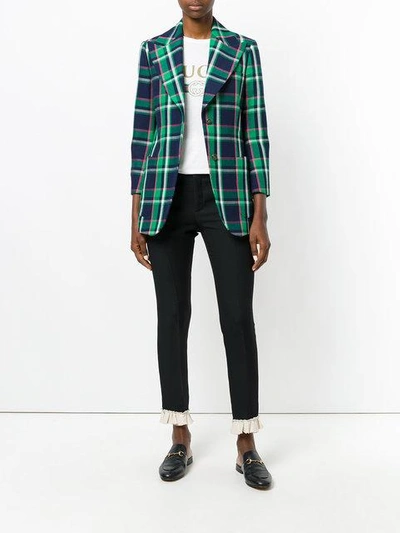 Shop Gucci Patched Checked Blazer In Green ,blue