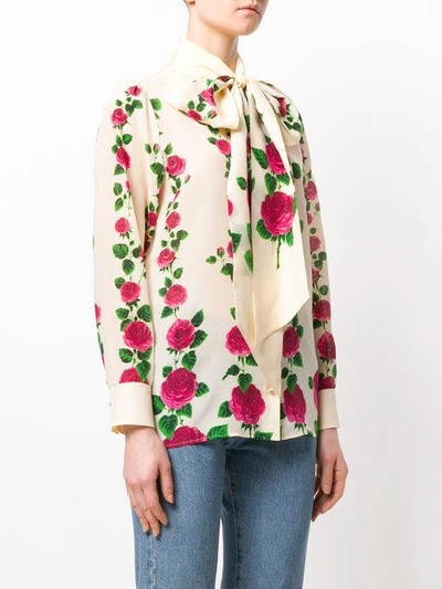 Shop Gucci Rose Print Pussybow Blouse In Neutrals