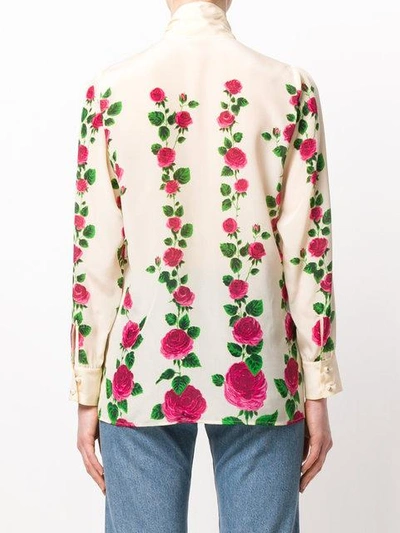 Shop Gucci Rose Print Pussybow Blouse In Neutrals