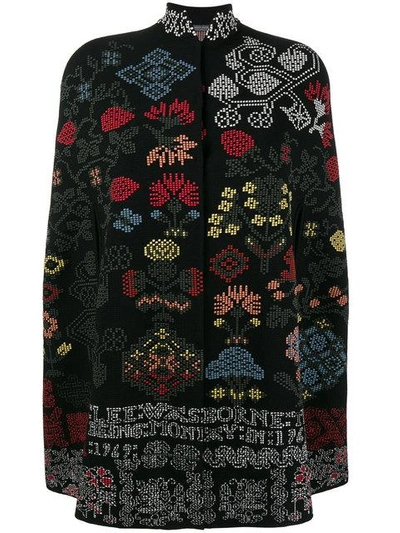 Shop Alexander Mcqueen Floral Cross Stitch Wool Knit Cape In Black