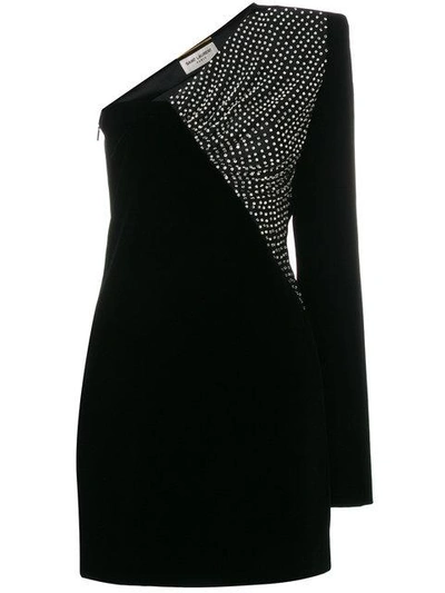 Shop Saint Laurent Velvet Asymmetrical Mini Dress In Black