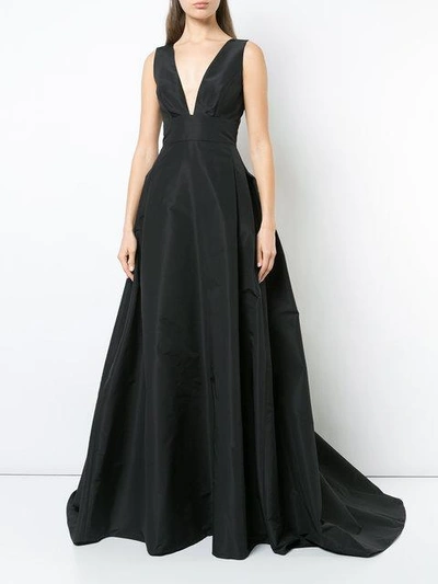 Shop Carolina Herrera Deep V-neck Flared Gown In Black