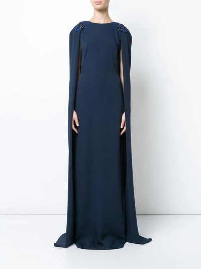 Shop Marchesa Notte Embellished Cape-effect Gown In Blue