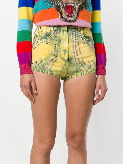 Shop Gucci Embellished Denim Shorts - Yellow
