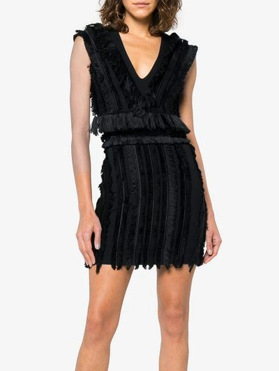 Shop Balmain Sleeveless Mini Dress With Fringing - Black