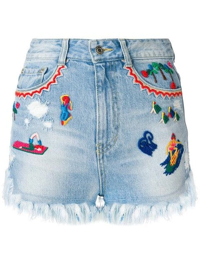 Shop Sjyp Embroidered Denim Shorts In Blue