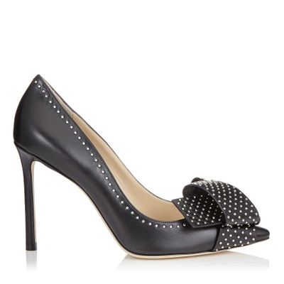 Shop Jimmy Choo Tegan 100 Black Kid Leather Pointy Toe Pumps With Studded Bow Detailing In Black/steel
