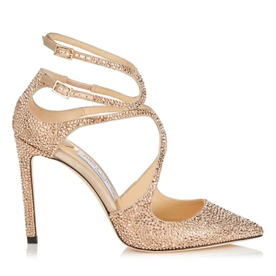 Shop Jimmy Choo Lancer 100 Rose Gold Satin Pointy Toe Pumps With Crystal Hotfix