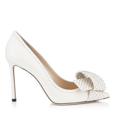 Shop Jimmy Choo Tegan 100 Chalk Kid Leather Pointy Toe Pumps With Studded Bow Detailing In Chalk/steel