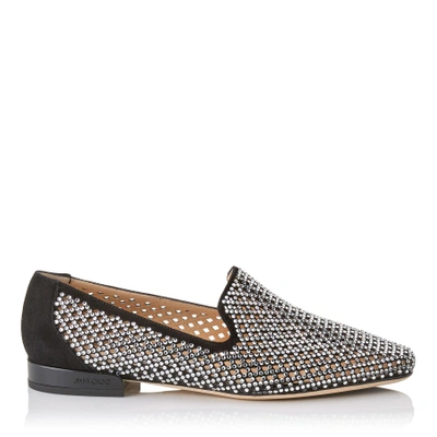 Shop Jimmy Choo Jaida Flat Black Diamond Perforated Suede Square Toe Slippers With Crystal Hotfix In Black/crystal
