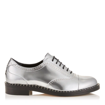 Shop Jimmy Choo Reeve Flat Silver Liquid Mirror Leather Brogues With Micro Studs In Silver/silver