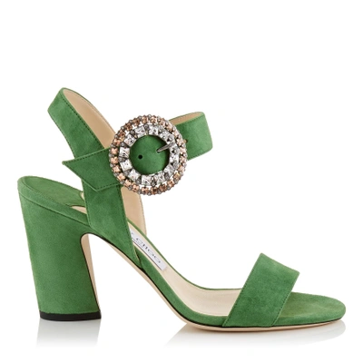 Shop Jimmy Choo Mischa 85 Lime Suede Slingback Sandals With Crystal Buckle In Lime/crystal