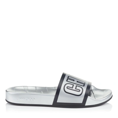 Shop Jimmy Choo Rey/f Silver And Black Logo Metallic Rubber Slides In Silver/black