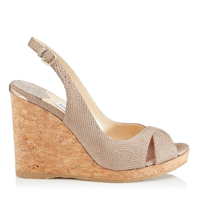 Shop Jimmy Choo Amely 105 Nude Printed Metallic Leather Slingback Wedges