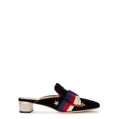 Shop Gucci Black Embroidered Velvet Mules