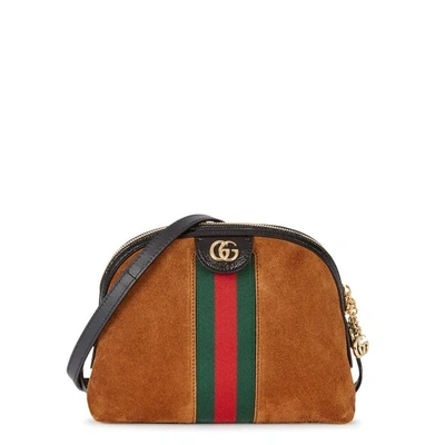 Shop Gucci Ophida Small Brown Suede Shoulder Bag In Tan