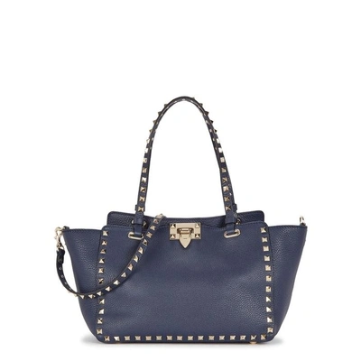 Shop Valentino Rockstud Small Grained Leather Tote In Navy