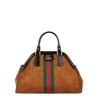 Shop Gucci Brown Leather-trimmed Suede Tote In Tan