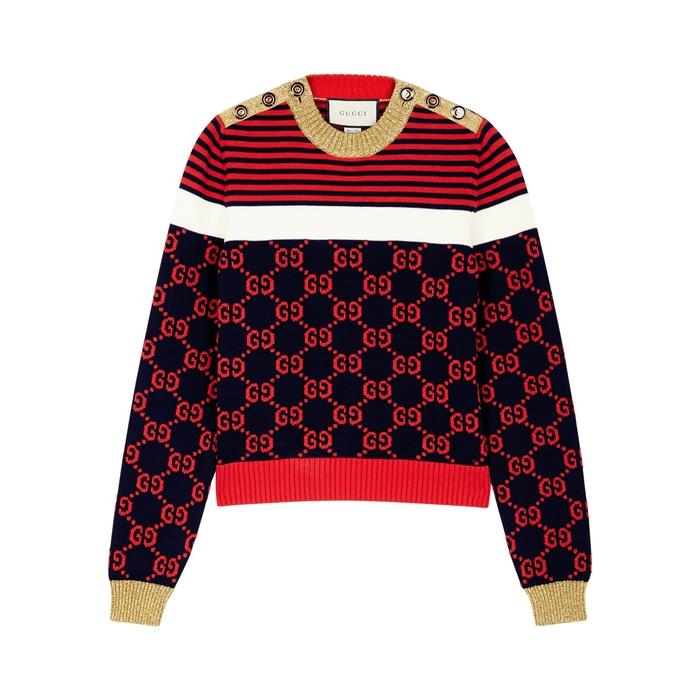 Gucci Metallic Trimmed Intarsia Cotton Sweater In Blue Modesens