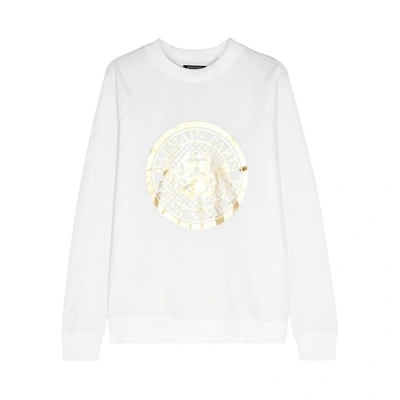 Shop Balmain White Logo-print Cotton Sweatshirt