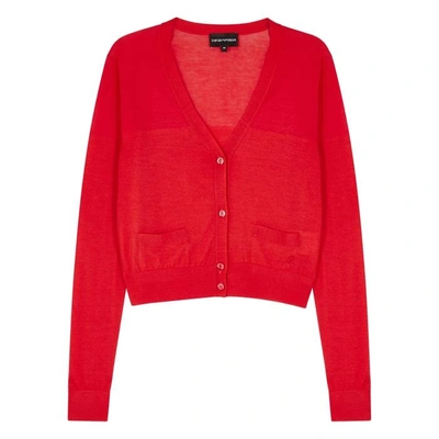 Shop Emporio Armani Red Cropped Fine-knit Wool Cardigan