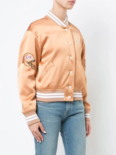 Shop Off-white Embroidered Satin Varsity Bomber - Yellow