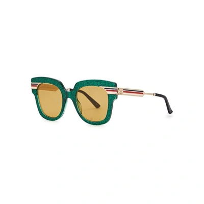 Shop Gucci Green Glittered Square-frame Sunglasses