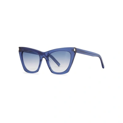 Shop Saint Laurent Sl214 Kate Blue Cat-eye Sunglasses