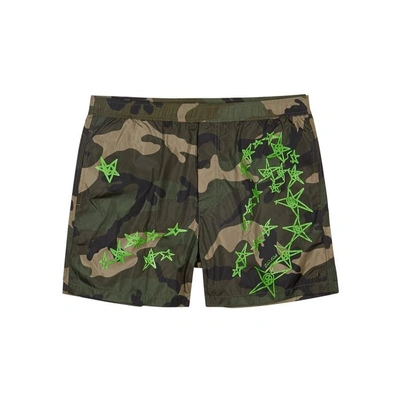 Shop Valentino Camouflage And Star-print Swim Shorts In Green