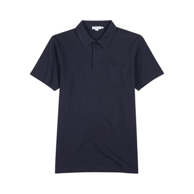 Shop Sunspel Riviera Piqué Cotton Polo Shirt, Shirt, Navy