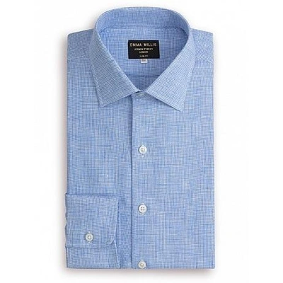 Shop Emma Willis Blue Houndstooth Check Linen Slim Fit Single Cuff Shirt