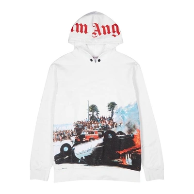 Shop Palm Angels Burning Car Hooded Cotton Sweatshirt In White