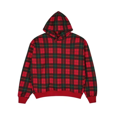 Shop Fear Of God Plaid Hooded Cotton Sweatshirt In Red