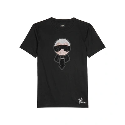 Shop Fendi Karlito Embellished Cotton T-shirt In Black