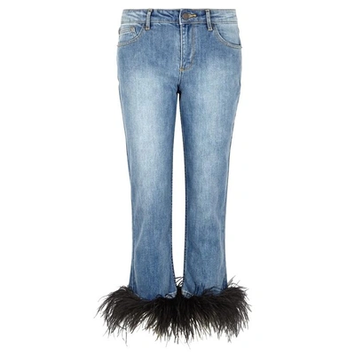Shop Alice And Olivia Tasha Feather-trimmed Cropped Jeans In Denim