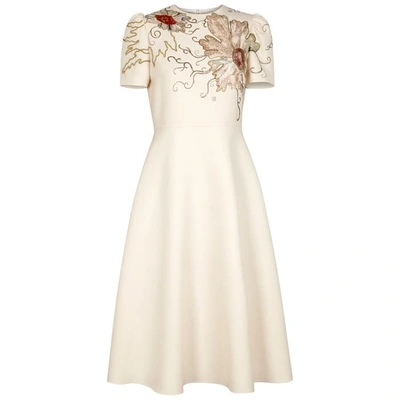 Shop Valentino Ecru Embroidered Wool Blend Dress